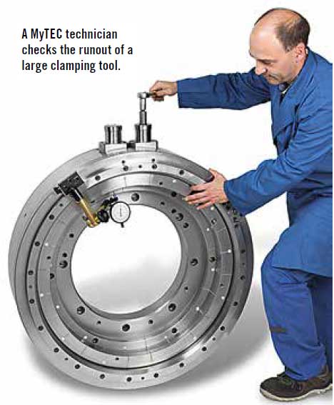 A MyTEC technician
checks the runout of a
large clamping tool.